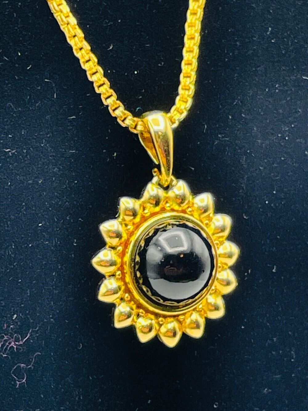 Nolan Miller Gold Tone Sunflower Pendant Necklace Black Cabochon 23" Box Chain